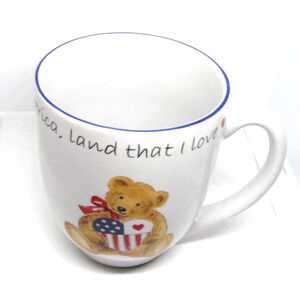 USA Coffee Cup Mug American Flag Teddy Bear Heart “America Land That I Love”